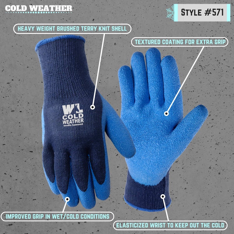 Wells Lamont Men's Latex-Coated Cold Weather Blue Winter Grip Work Gloves, Large (571L) - Image 3